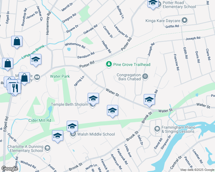 map of restaurants, bars, coffee shops, grocery stores, and more near 455 Water Street in Framingham