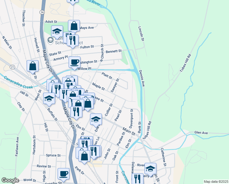 map of restaurants, bars, coffee shops, grocery stores, and more near 108 Maple Street in Hornell