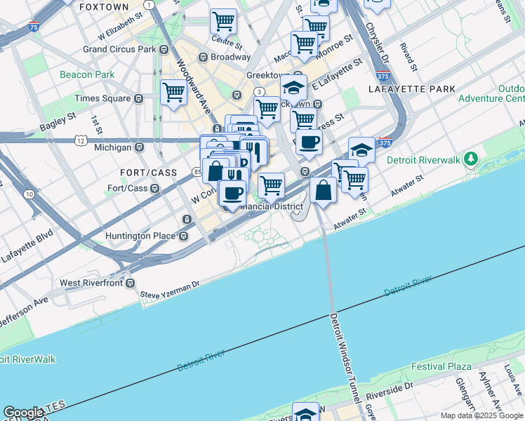 map of restaurants, bars, coffee shops, grocery stores, and more near 50 East Jefferson Avenue in Detroit