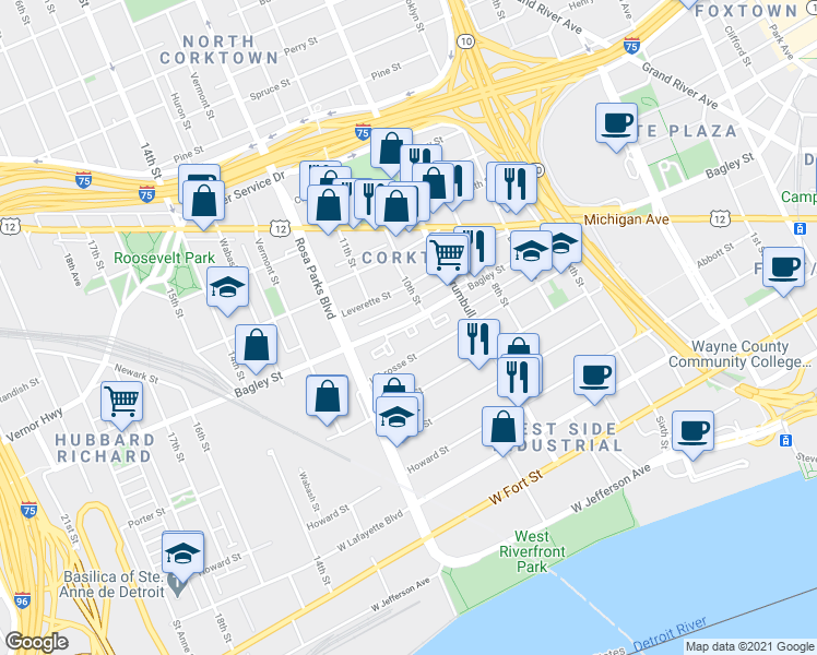 map of restaurants, bars, coffee shops, grocery stores, and more near 1608 Bagley Street in Detroit