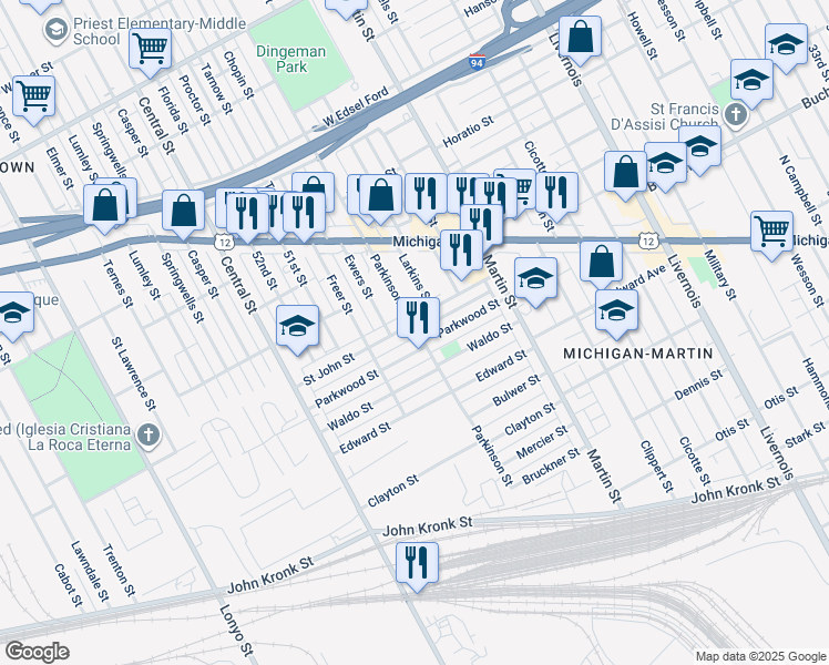 map of restaurants, bars, coffee shops, grocery stores, and more near 7105 Saint John Street in Detroit