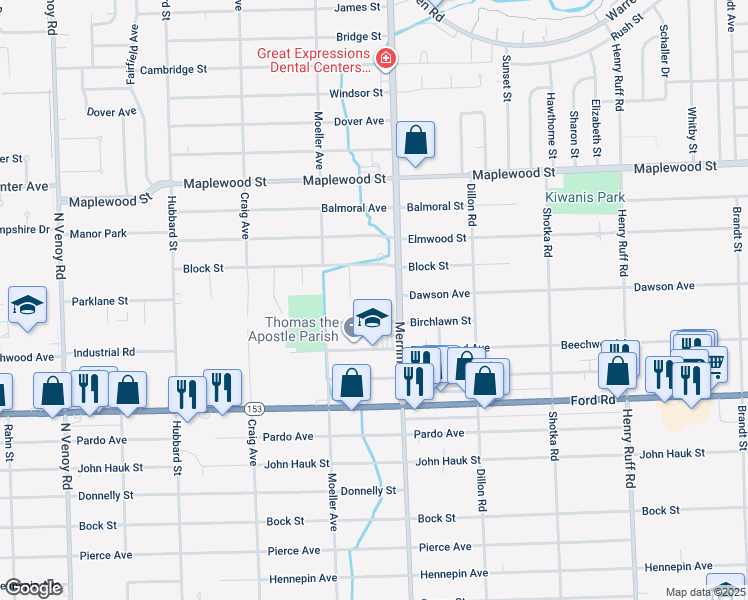 map of restaurants, bars, coffee shops, grocery stores, and more near 6015 Merriman Road in Garden City
