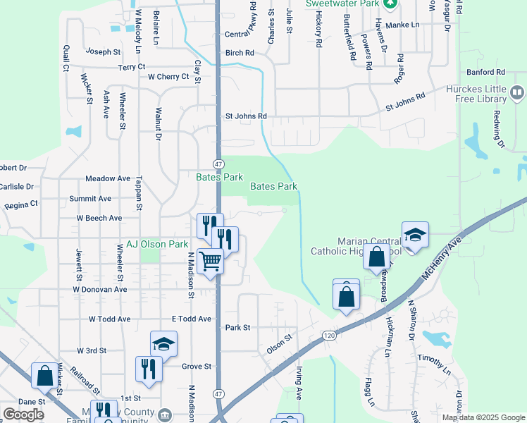 map of restaurants, bars, coffee shops, grocery stores, and more near 1310 North Seminary Avenue in Woodstock