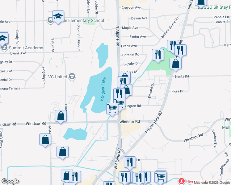 map of restaurants, bars, coffee shops, grocery stores, and more near 7240 North Alpine Road in Loves Park