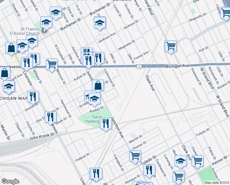map of restaurants, bars, coffee shops, grocery stores, and more near 3227 Lockwood Street in Detroit