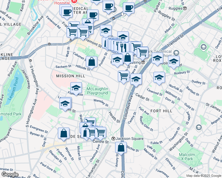 map of restaurants, bars, coffee shops, grocery stores, and more near 228 Calumet Street in Boston