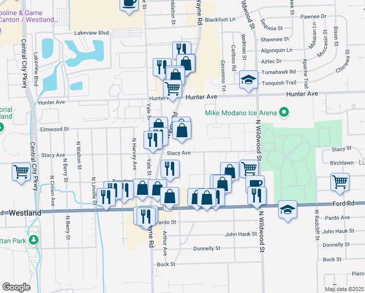 map of restaurants, bars, coffee shops, grocery stores, and more near 6006 North Wayne Road in Westland