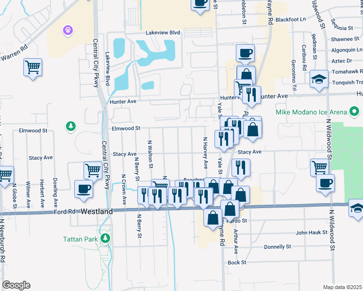 map of restaurants, bars, coffee shops, grocery stores, and more near 6032 Karle Street in Westland