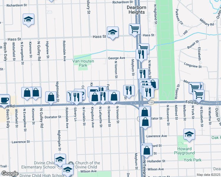 map of restaurants, bars, coffee shops, grocery stores, and more near 5702 Fenton Street in Dearborn Heights