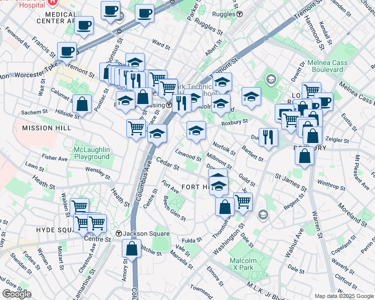 map of restaurants, bars, coffee shops, grocery stores, and more near 10 Linwood Square in Boston