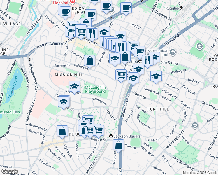 map of restaurants, bars, coffee shops, grocery stores, and more near 228 Calumet Street in Boston