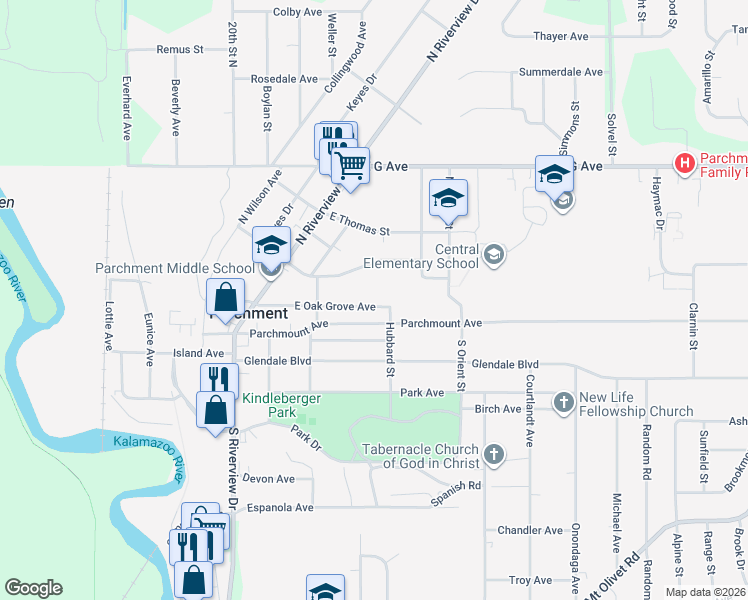 map of restaurants, bars, coffee shops, grocery stores, and more near 345 East Oak Grove Avenue in Parchment