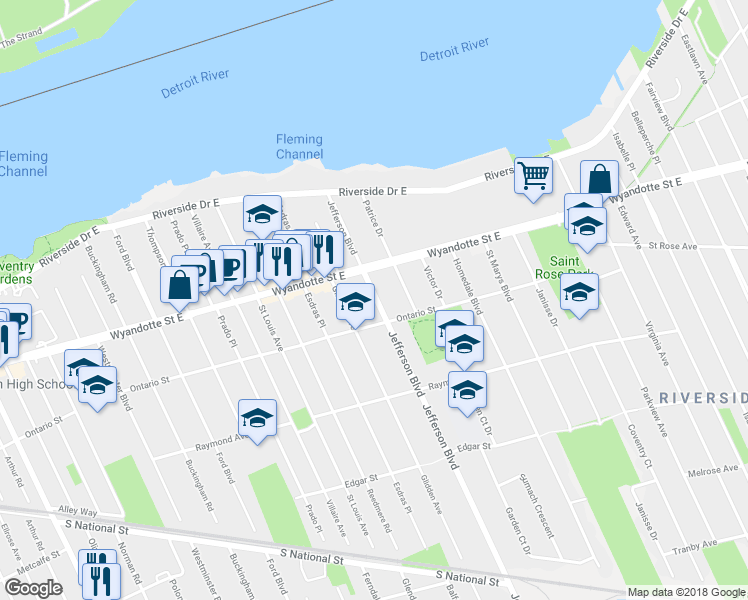 map of restaurants, bars, coffee shops, grocery stores, and more near 859 Jefferson Boulevard in Windsor