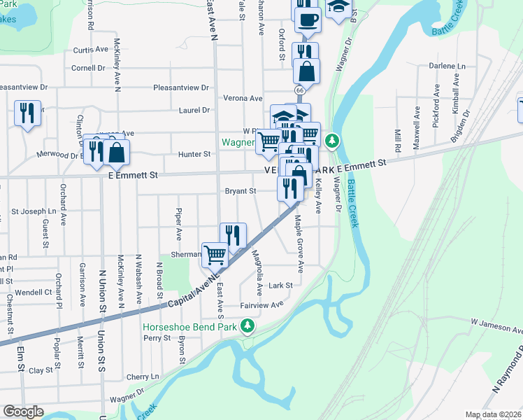 map of restaurants, bars, coffee shops, grocery stores, and more near 36 Sanderson Street in Battle Creek