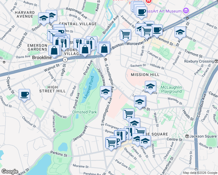 map of restaurants, bars, coffee shops, grocery stores, and more near 125 South Huntington Avenue in Boston