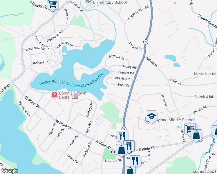 map of restaurants, bars, coffee shops, grocery stores, and more near 44 Pond Drive in Wayland