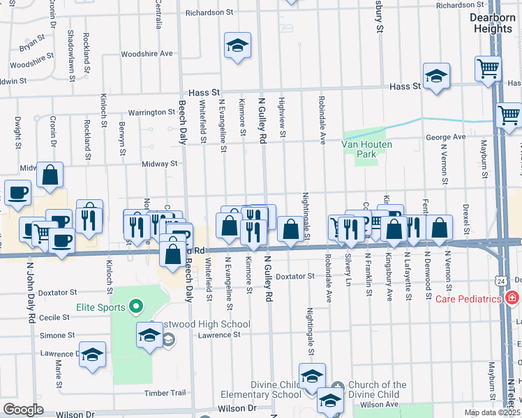 map of restaurants, bars, coffee shops, grocery stores, and more near 5763 N Gulley Rd in Dearborn Heights