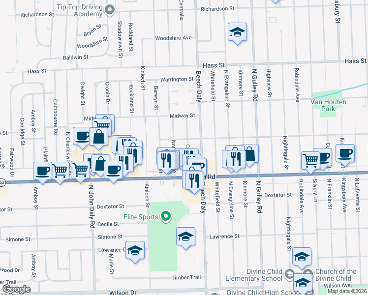 map of restaurants, bars, coffee shops, grocery stores, and more near 5857 Centralia St in Dearborn Heights