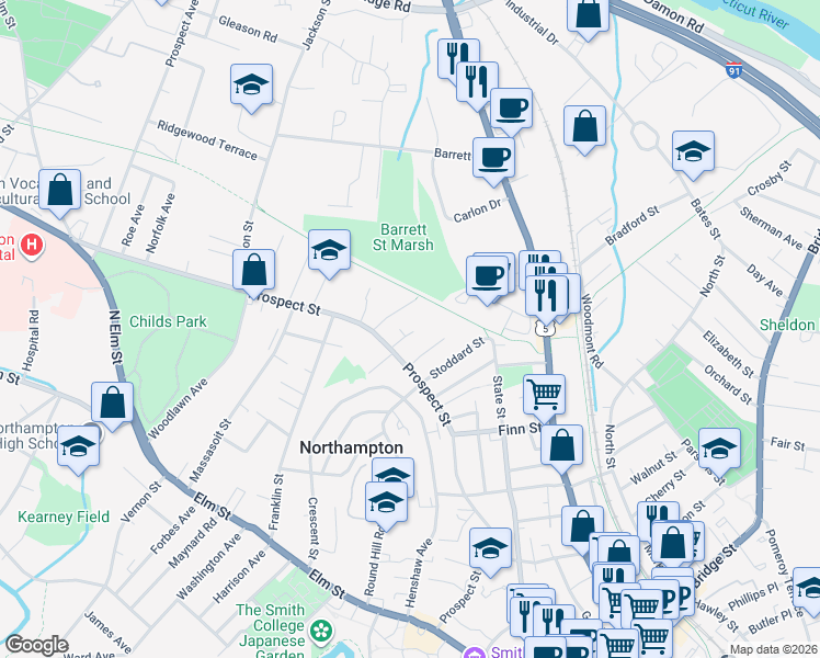 map of restaurants, bars, coffee shops, grocery stores, and more near 12 Lawn Avenue in Northampton