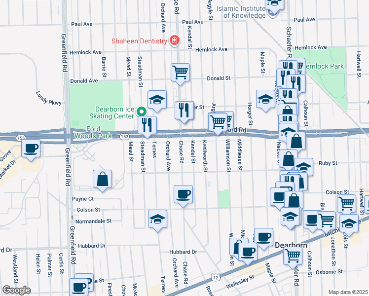 map of restaurants, bars, coffee shops, grocery stores, and more near 5520 Chase Road in Dearborn
