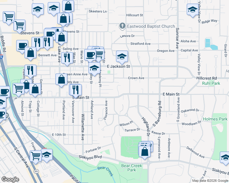 map of restaurants, bars, coffee shops, grocery stores, and more near 1442 Euclid Avenue in Medford