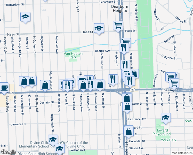 map of restaurants, bars, coffee shops, grocery stores, and more near 5702 Fenton Street in Dearborn Heights