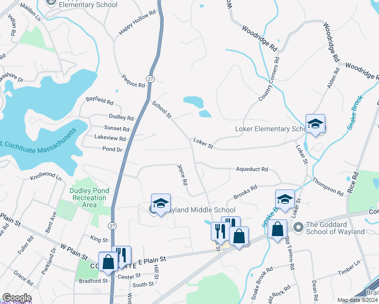 map of restaurants, bars, coffee shops, grocery stores, and more near 112 School Street in Wayland