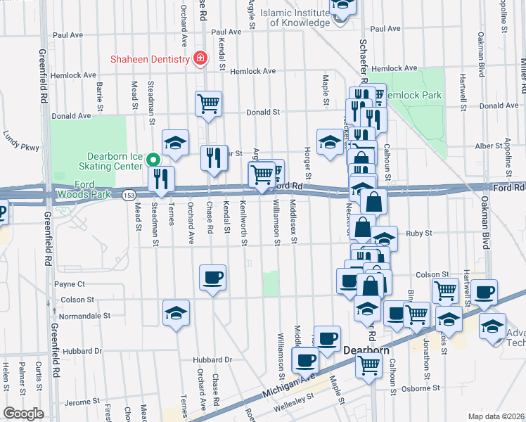 map of restaurants, bars, coffee shops, grocery stores, and more near 5510 Argyle Street in Dearborn