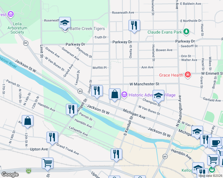 map of restaurants, bars, coffee shops, grocery stores, and more near 48 5 Mile Road in Battle Creek