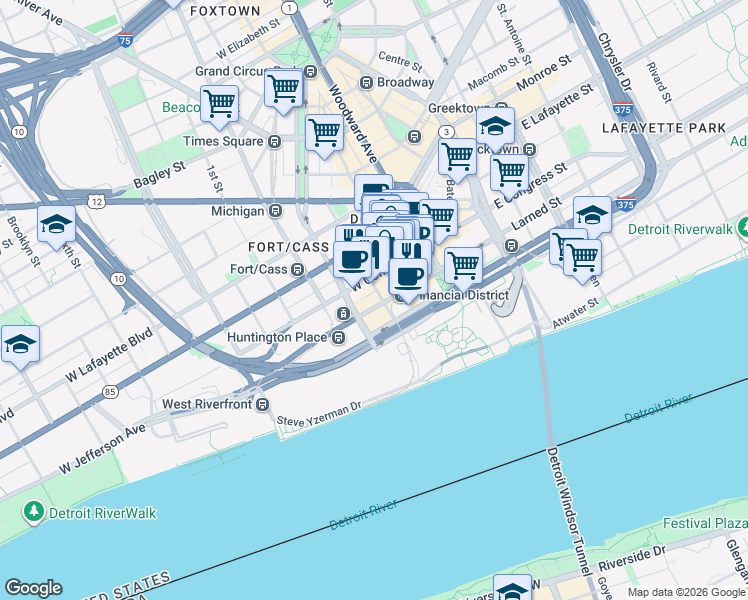 map of restaurants, bars, coffee shops, grocery stores, and more near 202 West Larned Street in Detroit