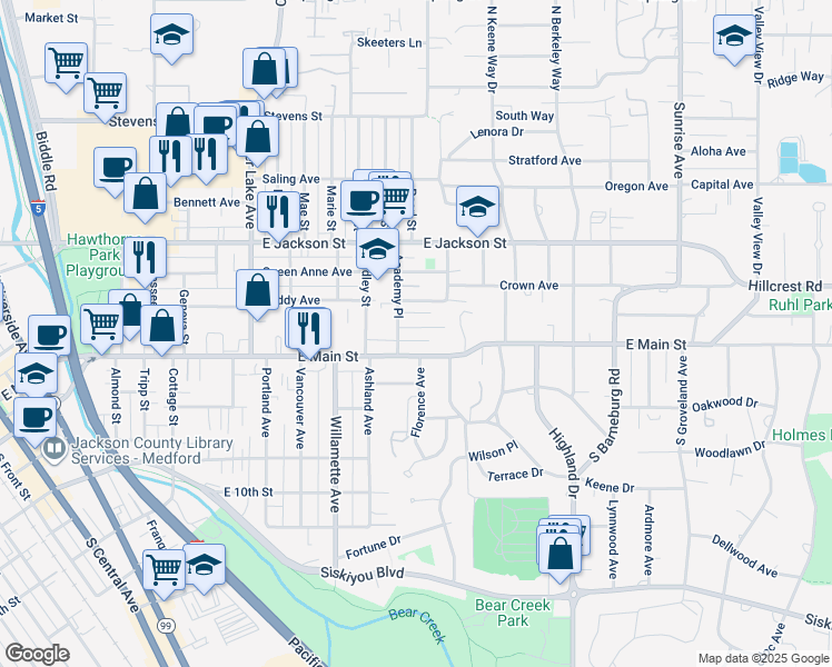map of restaurants, bars, coffee shops, grocery stores, and more near 1414 Euclid Avenue in Medford