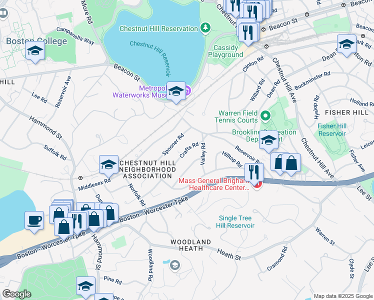 map of restaurants, bars, coffee shops, grocery stores, and more near 127 Crafts Road in Brookline