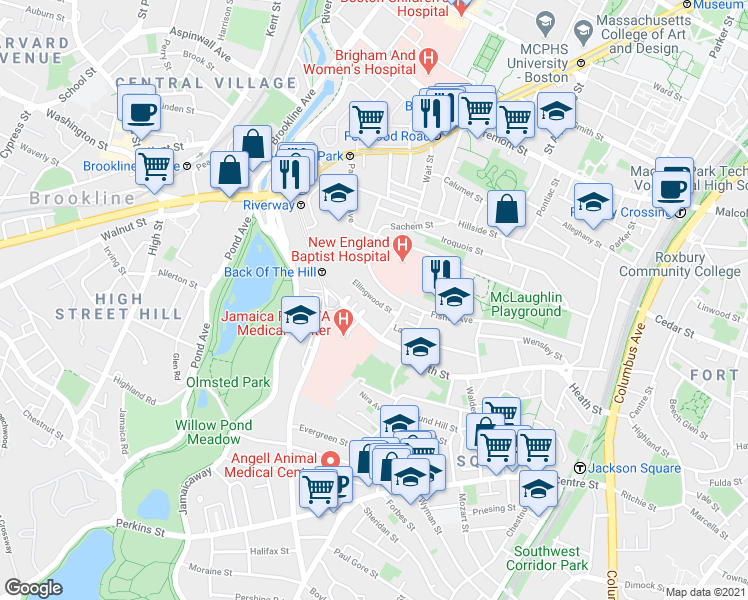 map of restaurants, bars, coffee shops, grocery stores, and more near Ellingwood Street in Boston