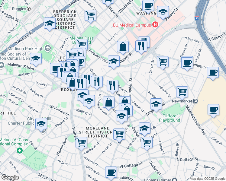 map of restaurants, bars, coffee shops, grocery stores, and more near 159 Eustis Street in Boston