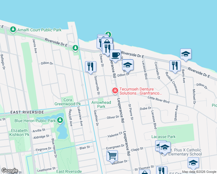 map of restaurants, bars, coffee shops, grocery stores, and more near 240 Chene Street in Windsor