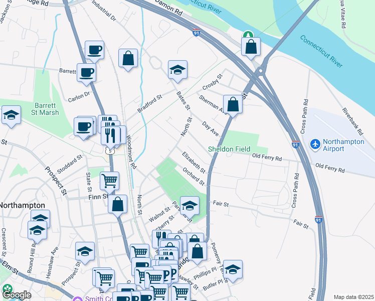 map of restaurants, bars, coffee shops, grocery stores, and more near 56 Grant Avenue in Northampton