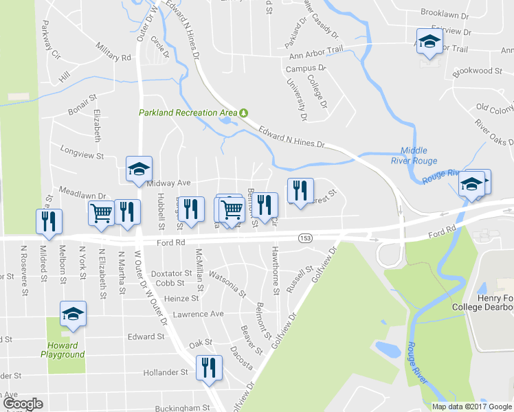 map of restaurants, bars, coffee shops, grocery stores, and more near 5686 Belmont Street in Dearborn Heights