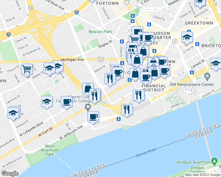 map of restaurants, bars, coffee shops, grocery stores, and more near 615 West Lafayette Boulevard in Detroit