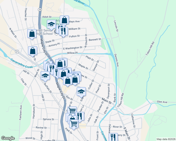 map of restaurants, bars, coffee shops, grocery stores, and more near 91 Maple Street in Hornell