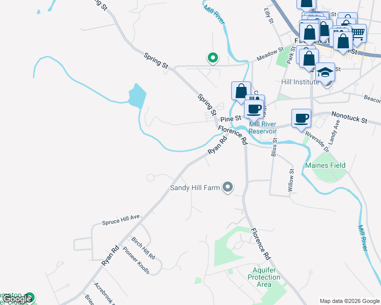 map of restaurants, bars, coffee shops, grocery stores, and more near 87 Ryan Road in Northampton