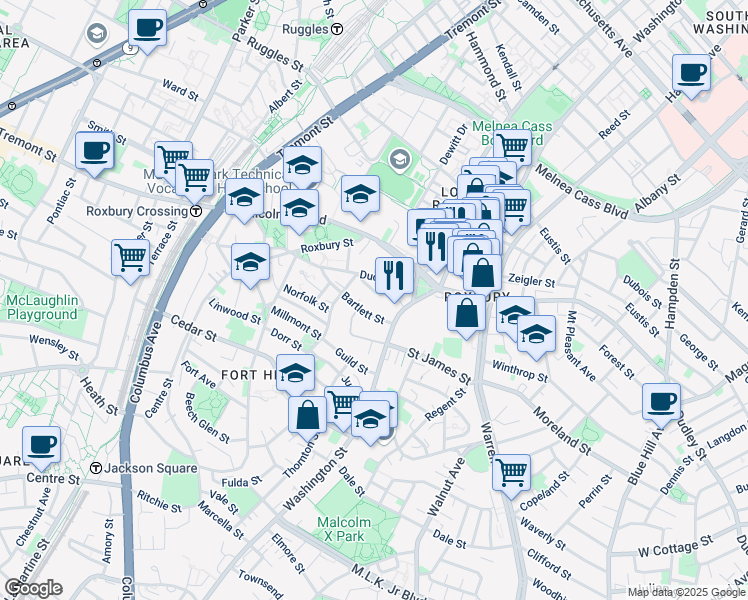 map of restaurants, bars, coffee shops, grocery stores, and more near 28 Kenilworth Street in Boston