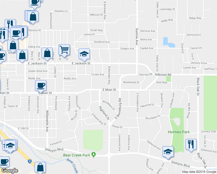 map of restaurants, bars, coffee shops, grocery stores, and more near 1715 East Main Street in Medford