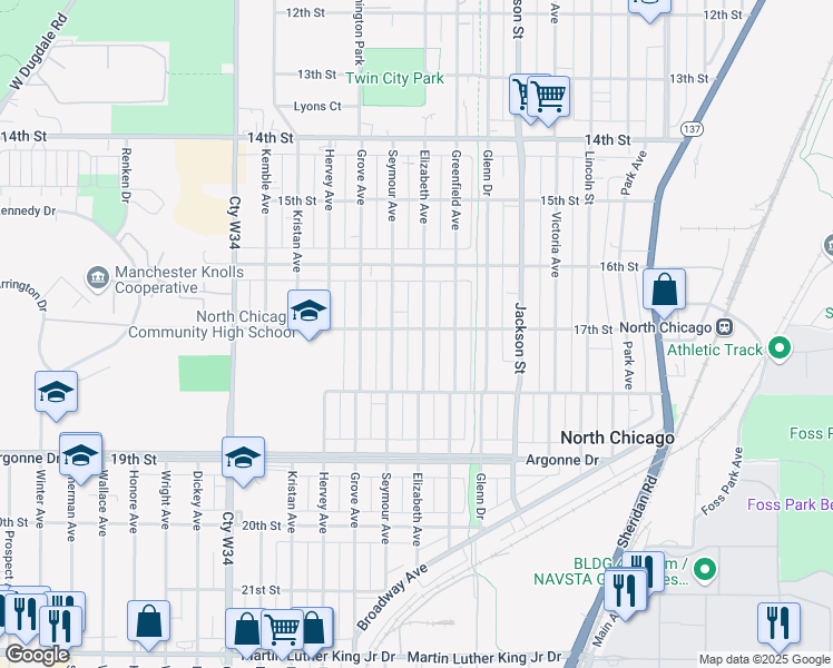map of restaurants, bars, coffee shops, grocery stores, and more near 1401 17th Street in North Chicago