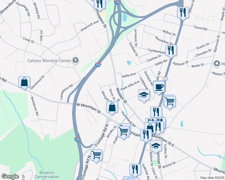 map of restaurants, bars, coffee shops, grocery stores, and more near 22 Doris Street in Worcester