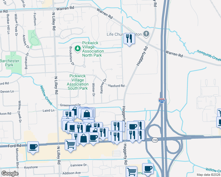 map of restaurants, bars, coffee shops, grocery stores, and more near 41489 Hanford Rd in Canton