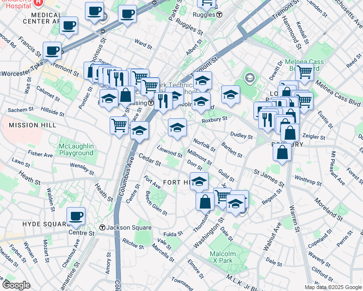map of restaurants, bars, coffee shops, grocery stores, and more near 22 Highland Avenue in Boston