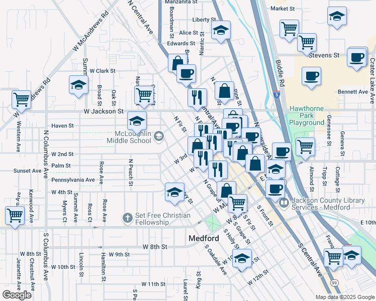 map of restaurants, bars, coffee shops, grocery stores, and more near 417 North Grape Street in Medford