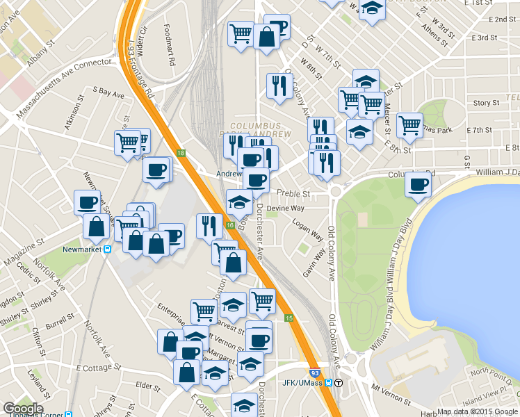 map of restaurants, bars, coffee shops, grocery stores, and more near Dorchester Avenue & Devine Way in Boston