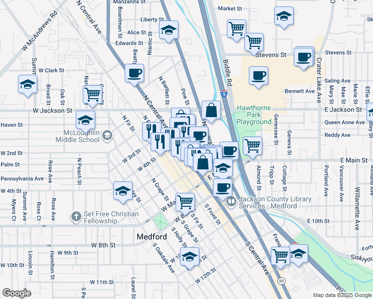 map of restaurants, bars, coffee shops, grocery stores, and more near 202-232 North Central Avenue in Medford