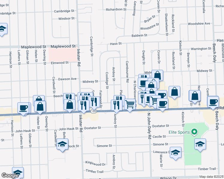 map of restaurants, bars, coffee shops, grocery stores, and more near 5855 Amboy St in Dearborn Heights